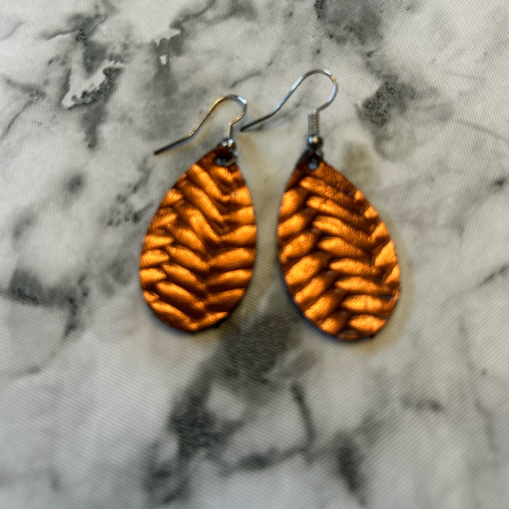 Leather Earrings - Metallic Copper Weave